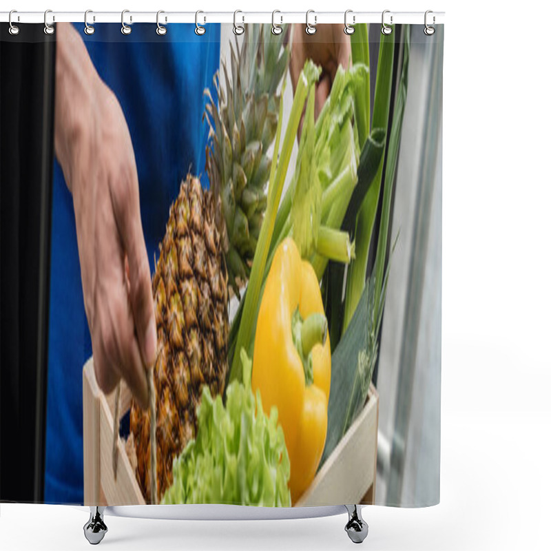 Personality  Cropped View Of Courier Holding Wooden Box With Fresh Food, Banner  Shower Curtains