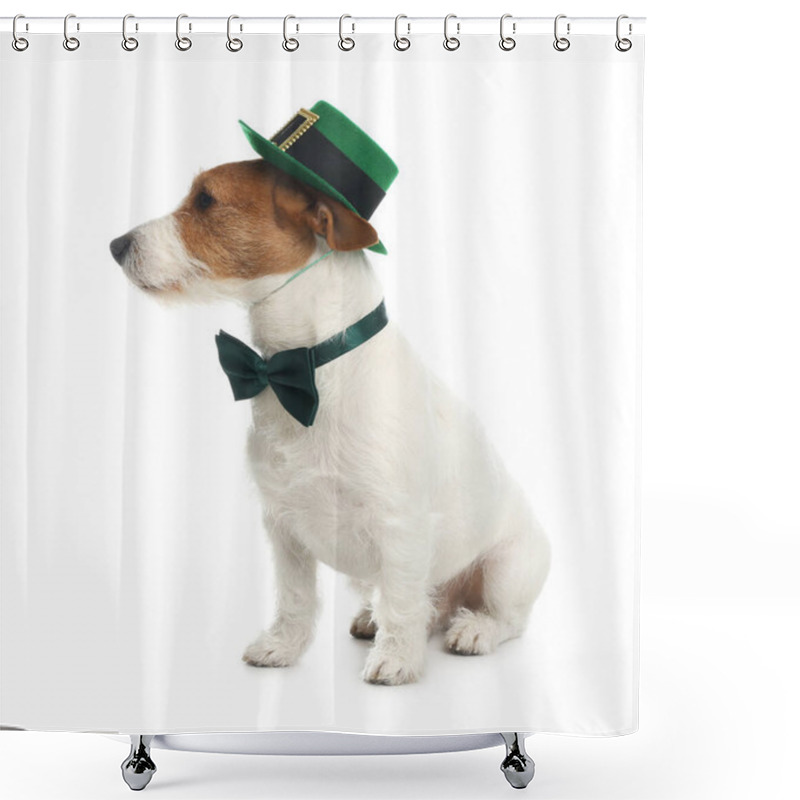 Personality  Jack Russell Terrier With Leprechaun Hat And Bow Tie On White Background. St. Patrick's Day Shower Curtains