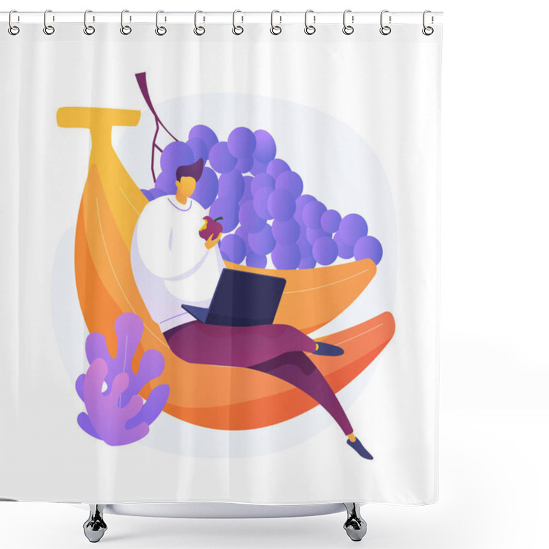 Personality  Organic Fruits Eating. Healthy Snack, Fruitarian Diet, Lunch Break. Male Freelancer Cartoon Character Eating Apple. Fresh Natural Bananas And Grapes. Vector Isolated Concept Metaphor Illustration. Shower Curtains