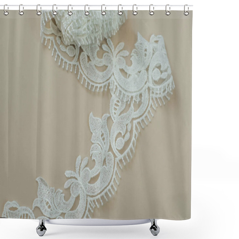 Personality  Texture Lace Fabric. Lace On White Background Studio. Thin Fabric Made Of Yarn Or Thread. A Background Image Of Ivory-colored Lace Cloth. White Lace On Beige Background. Shower Curtains