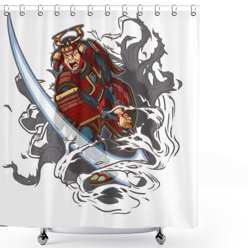 Personality  Samurai Slashing Through Background Vector Cartoon Clip Art Illustration Shower Curtains