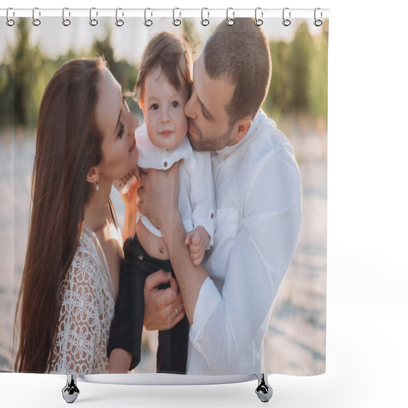 Personality  Happy Mother And Father Hugging Little Son On Beach Shower Curtains