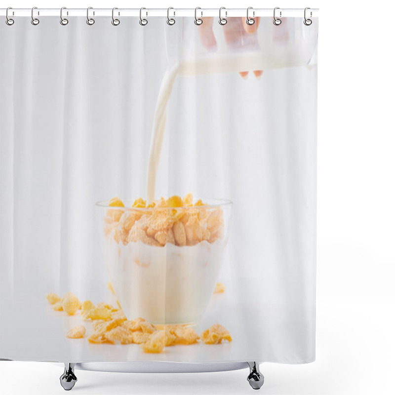 Personality  Milk Is Being Poured Into Cornflakes Bowl. Shower Curtains