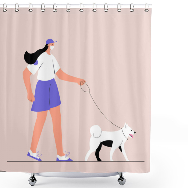 Personality  A Young Female Character In Medical Face Mask Walking With Their Dog. Urban Lifestyle After Quarantine. New Normal. Vector Illustration In Flat Style On Isolated Background. Eps 10. Shower Curtains