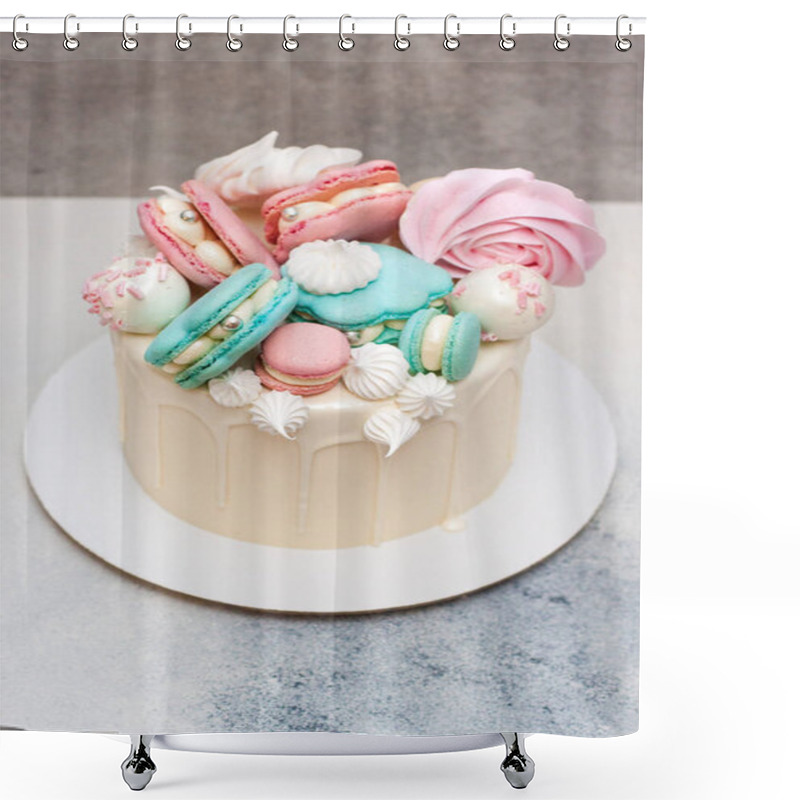 Personality  Elegant White Cake With Macaroon Sea Shells, Chocolate And Meringue Decoration Shower Curtains