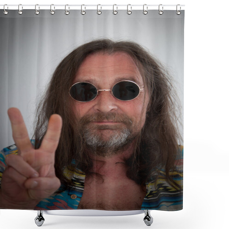 Personality  Male Hippie With Long Shoulder Length Hair Making A Peace Sign With His Fingers Shower Curtains