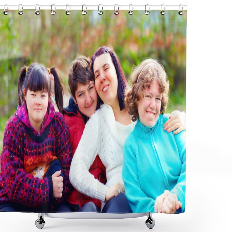 Personality  Group Of Happy Women With Disability Having Fun In Spring Park Shower Curtains