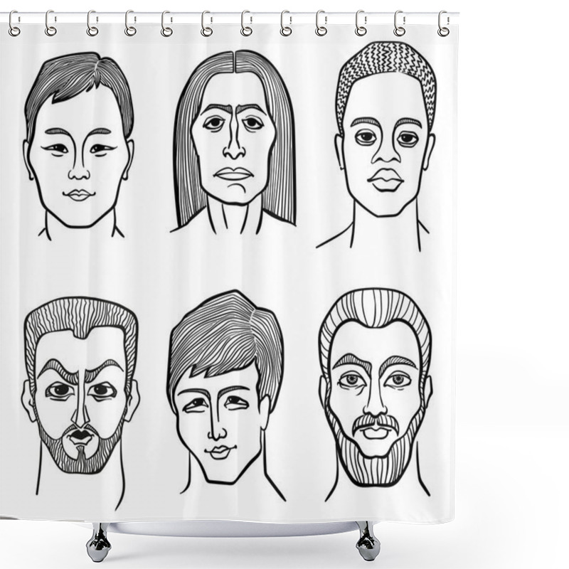 Personality  Six Male Faces Of Different Appearances: African, Asian, North, Arab, Scandinavian And Native American. Black And White Linear Portraits. Shower Curtains