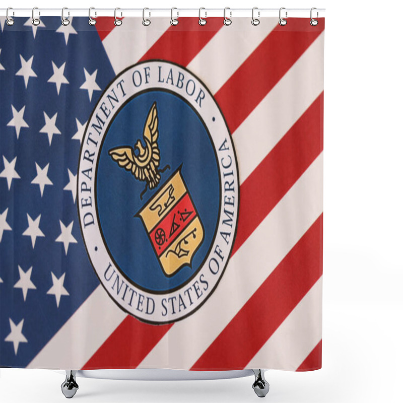 Personality  KYIV, UKRAINE - MARCH 9, 2024 US Department Of Labor Seal On United States Of America Flag Close Up Shower Curtains