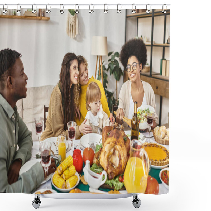 Personality  Group Of Multicultural Friends Or Family Members Celebrating Thanksgiving Together, Roasted Turkey Shower Curtains