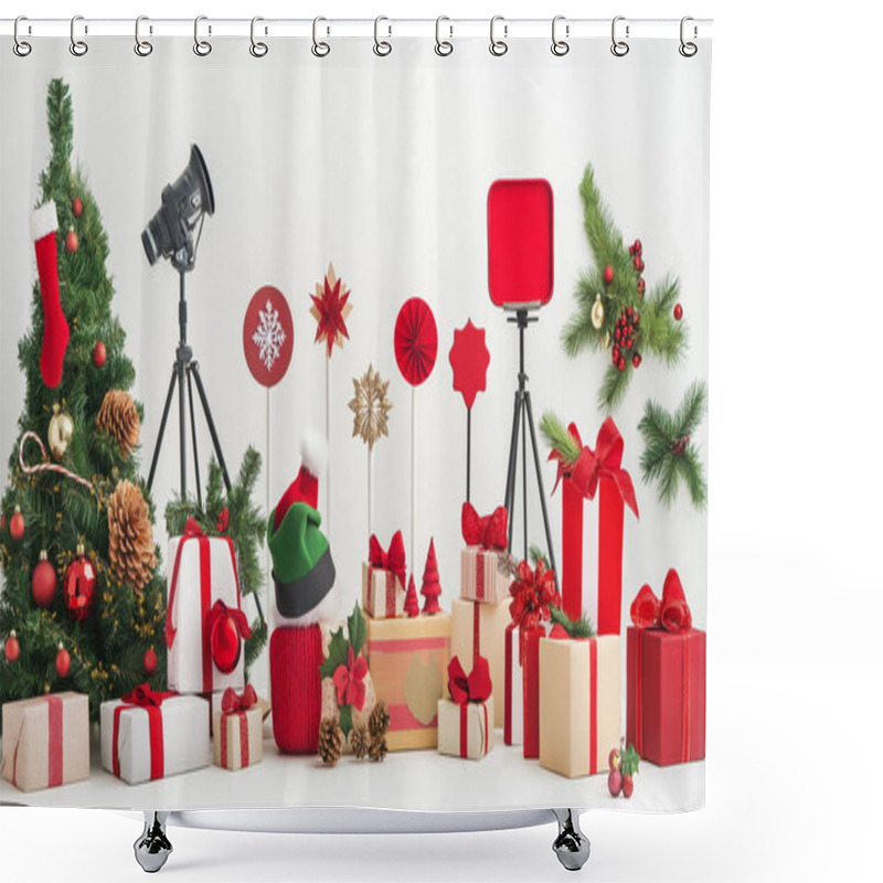 Personality  Christmas Decorations And Photography Equipment On A White Surface, Ready For A Festive Photoshoot. Shower Curtains