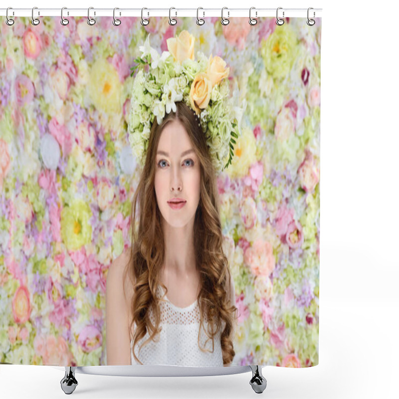 Personality  Attractive Young Woman In Floral Wreath On Floral Background Shower Curtains