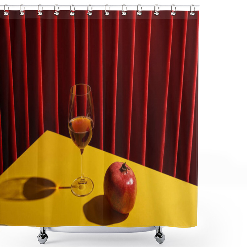 Personality  Classic Still Life With Pomegranate Near Glass Of Red Wine On Yellow Table Near Red Curtain Shower Curtains