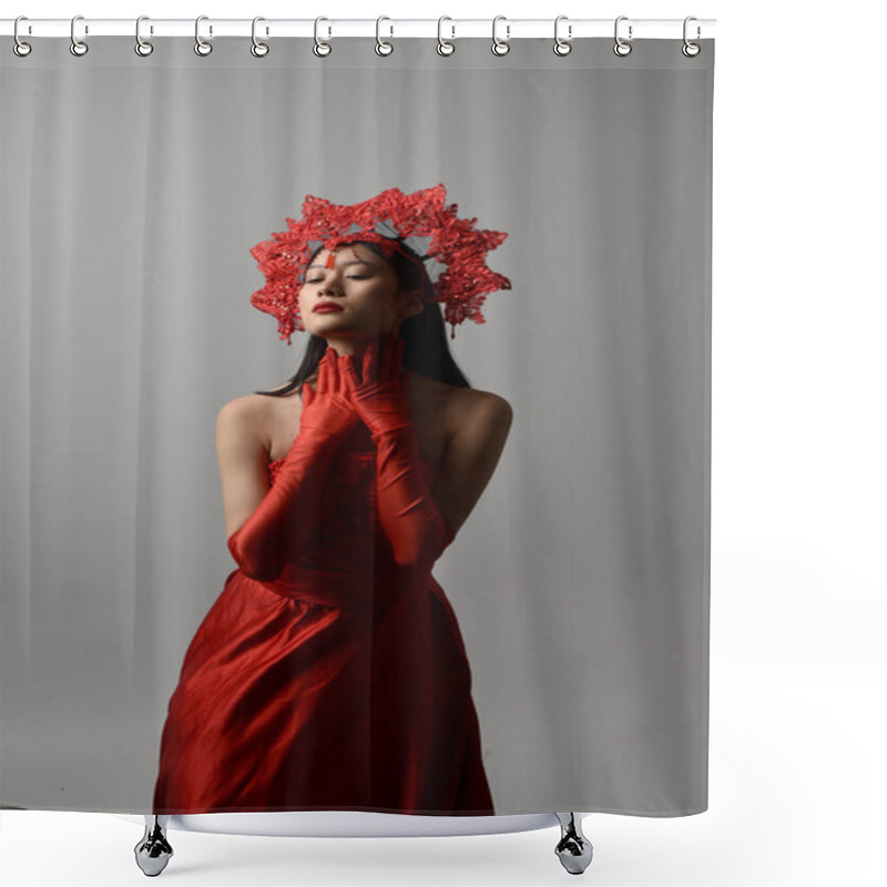 Personality  Close Up Portrait Of Beautiful Young Asian Woman Wearing Red Corset, Long Opera Gloves And Ornate Crown Headdress. Gestural Hand Poses Isolated On Light Studio Background. Shower Curtains