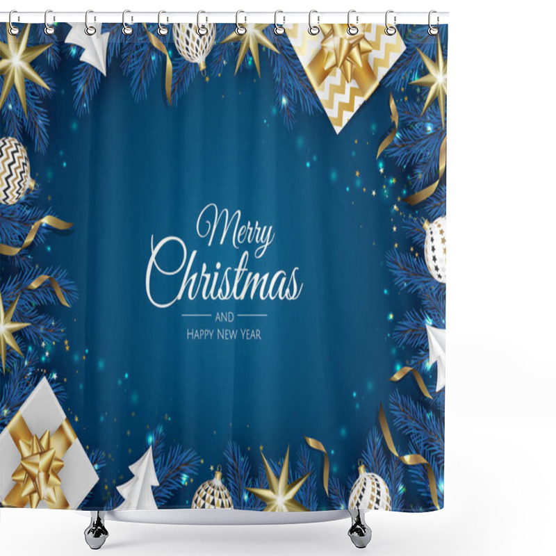 Personality  Christmas Vector Background. Creative Design Greeting Card, Banner, Poster. Top View Gift Box, Xmas Decoration Balls And Snowflakes. Shower Curtains