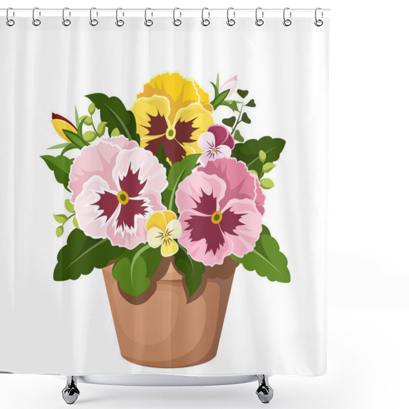 Personality  Pansy Flowers In A Pot. Vector Illustration. Shower Curtains