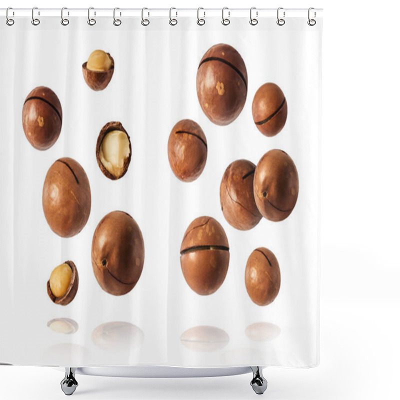 Personality  A Set With Fresh Tasty Macadamia Nuts Falling In The Air Isolated On White Background. Food Levitation Concept. High Resolution Image. Shower Curtains