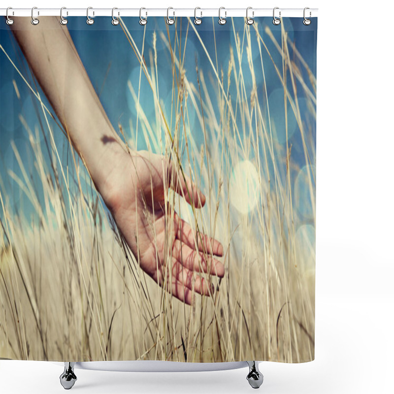 Personality  Hand In Autumn Grass. Shower Curtains