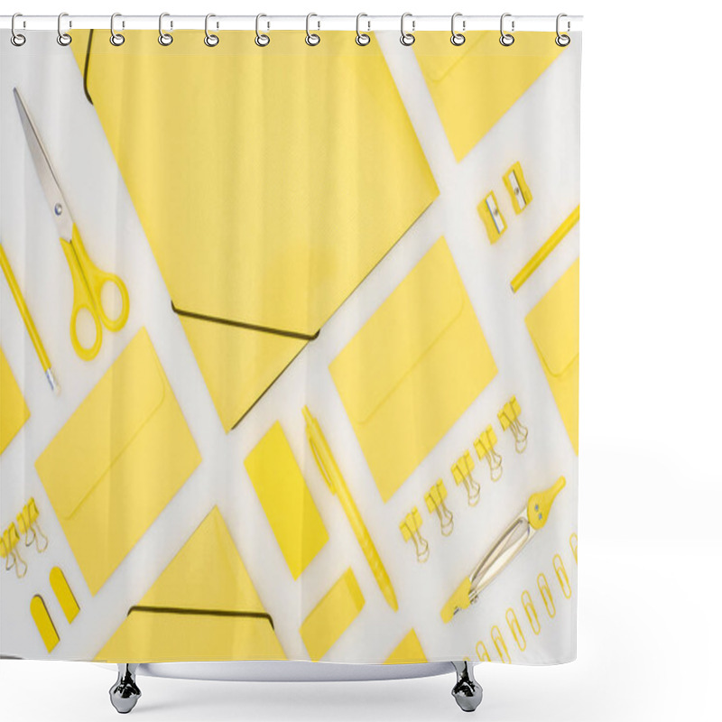 Personality  Top View Of Yellow Pen, Pencils, Paper Clips, Eraser, Stickers, Envelopes, Stickers, Folders, Scissors, Pencil Sharpeners And Compasses Isolated On White Shower Curtains