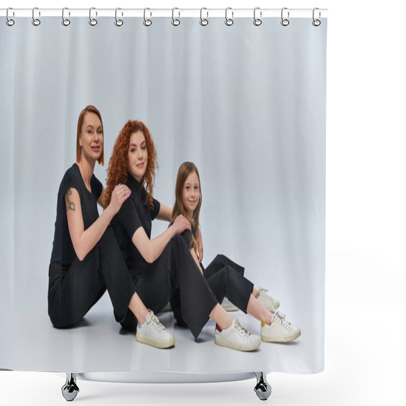 Personality  Three Generations Concept, Cheerful Redhead Family Sitting In Matching Outfits On Grey Backdrop Shower Curtains