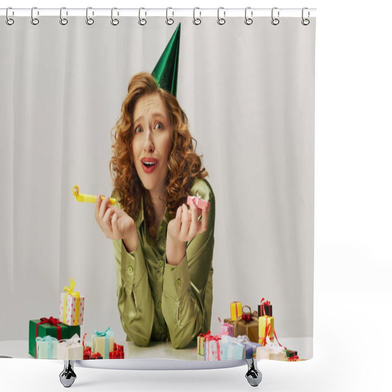 Personality  A Young Woman With Curly Hair Enthusiastically Posing Cheerfully At A Festive Party Atmosphere. Shower Curtains