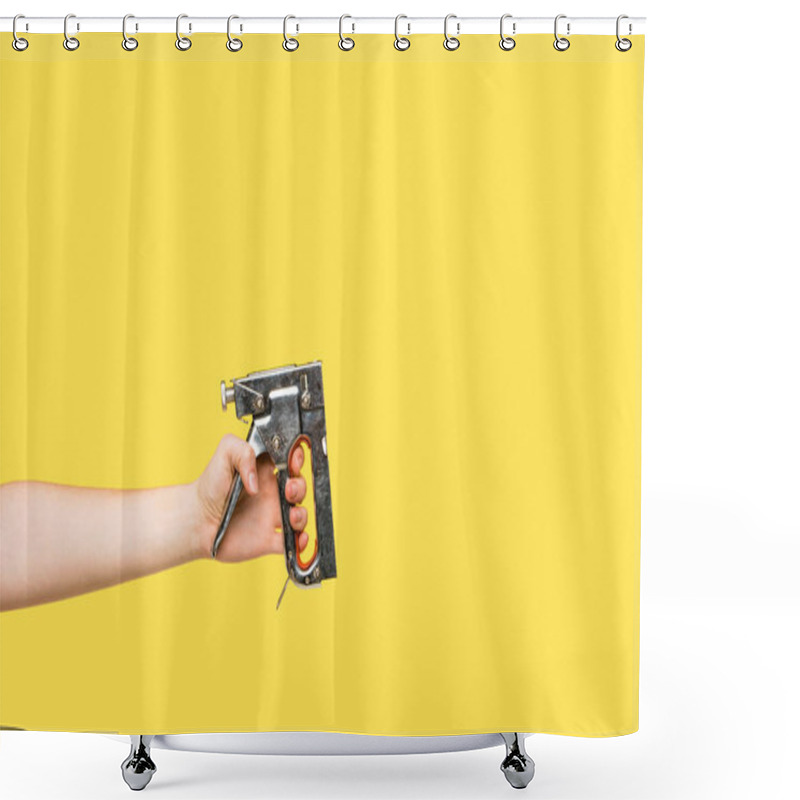 Personality  Cropped Shot Of Person Holding Powered Stapler Isolated On Yellow Shower Curtains