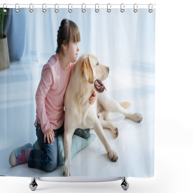 Personality  Child With Down Syndrome And Labrador Retriever Looking Aside In One Direction Shower Curtains