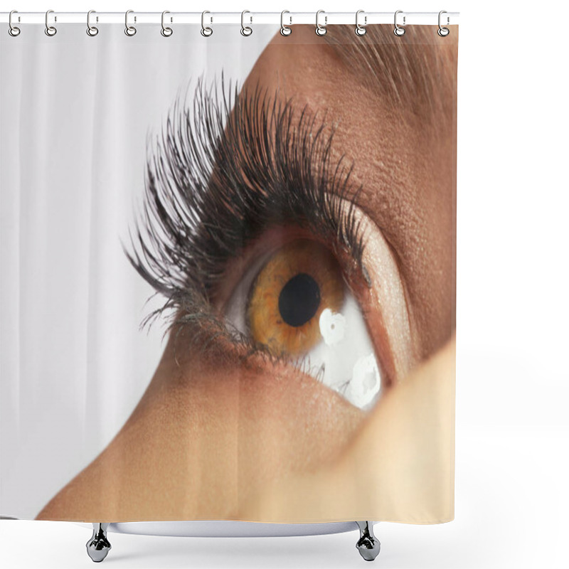 Personality  Beautiful Macro Shot Of Female Eye With Extreme Long Eyelashes And Black Liner Makeup. Perfect Shape Make-up And Long Lashes. Cosmetics And Make-up. Closeup Macro Shot Of Fashion Eyes Visage Shower Curtains