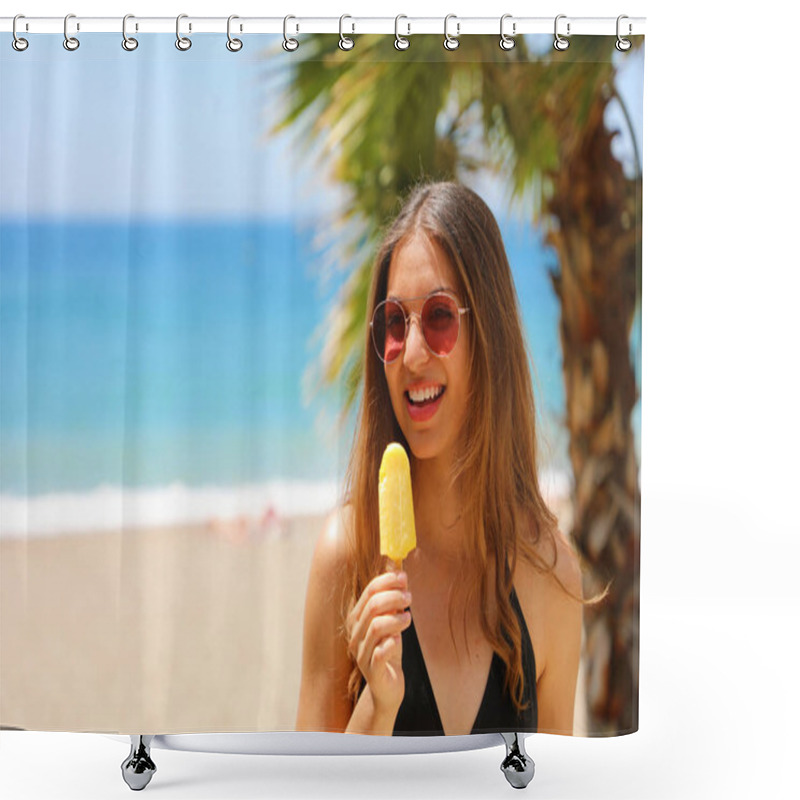 Personality  Smiling Beautiful Girl With Sunglasses Eating Popsicle On The Beach With Palm Trees On The Backgroud. Summer Holidays Concept And Copy Space. Shower Curtains