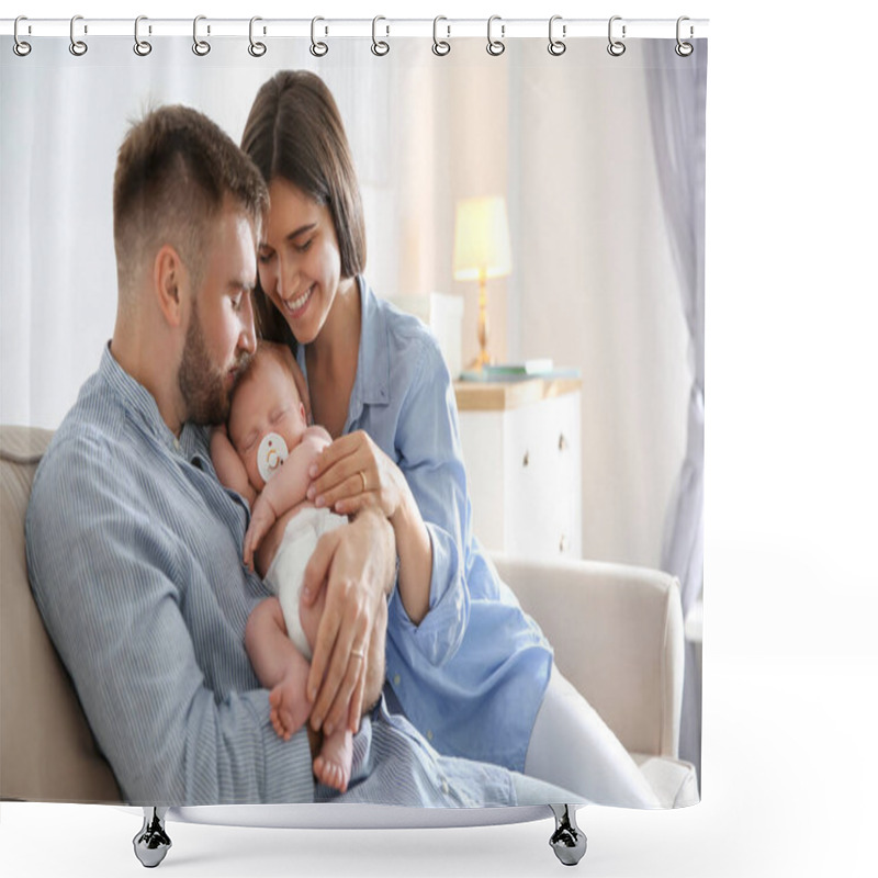 Personality  Happy Couple With Their Newborn Baby At Home Shower Curtains