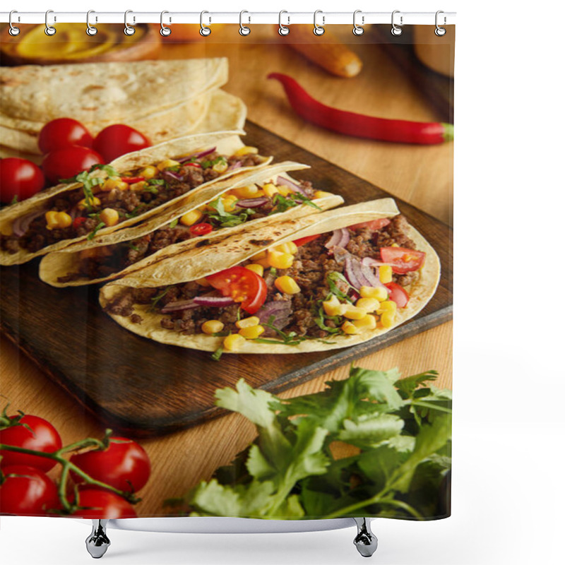 Personality  Delicious Tacos With Ripe Vegetables And Greenery On Wooden Table Shower Curtains