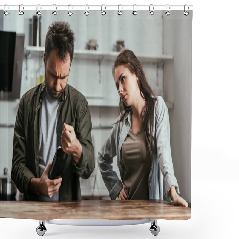 Personality  Serious Woman Looking At Husband With Wine Bottle On Kitchen Shower Curtains