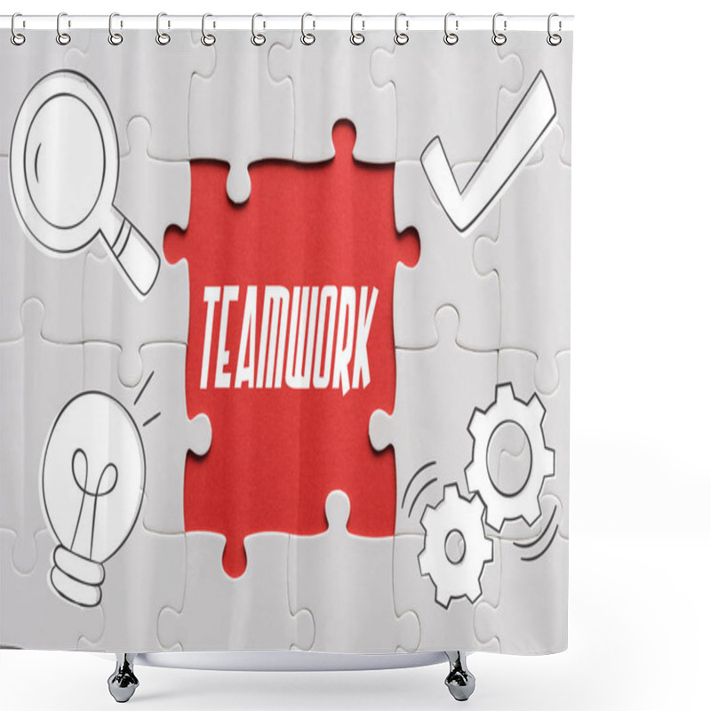 Personality  Top View Of Connected Jigsaw Puzzle Pieces Near Teamwork Letters  Shower Curtains