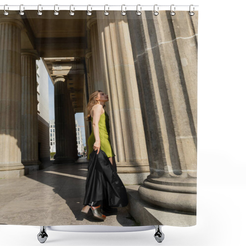 Personality  Elegant Young Woman In Silk Dress Holding Black Jacket And Standing In Berlin, Germany  Shower Curtains