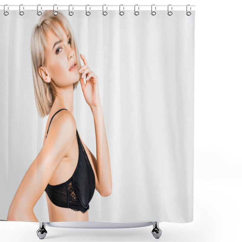 Personality  Attractive Sensual Girl Posing In Black Bra Isolated On Grey Shower Curtains