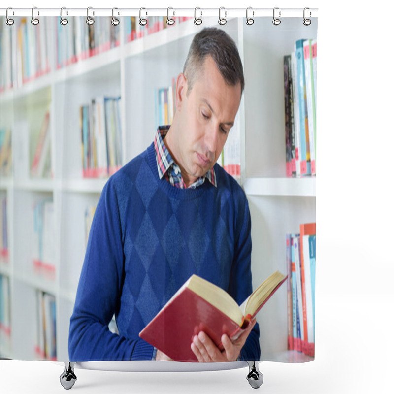 Personality  Man Stood Looking At Book In Library Shower Curtains