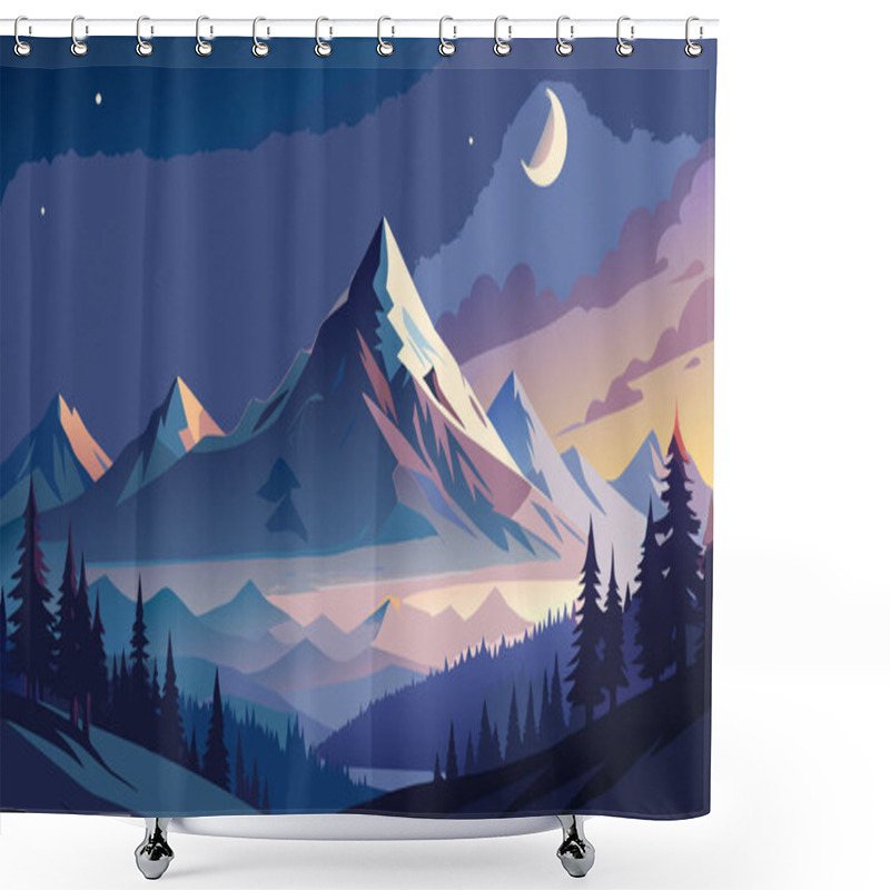 Personality  Peaceful Digital Illustration Of Snowy Mountains At Night With Starry Sky Shower Curtains