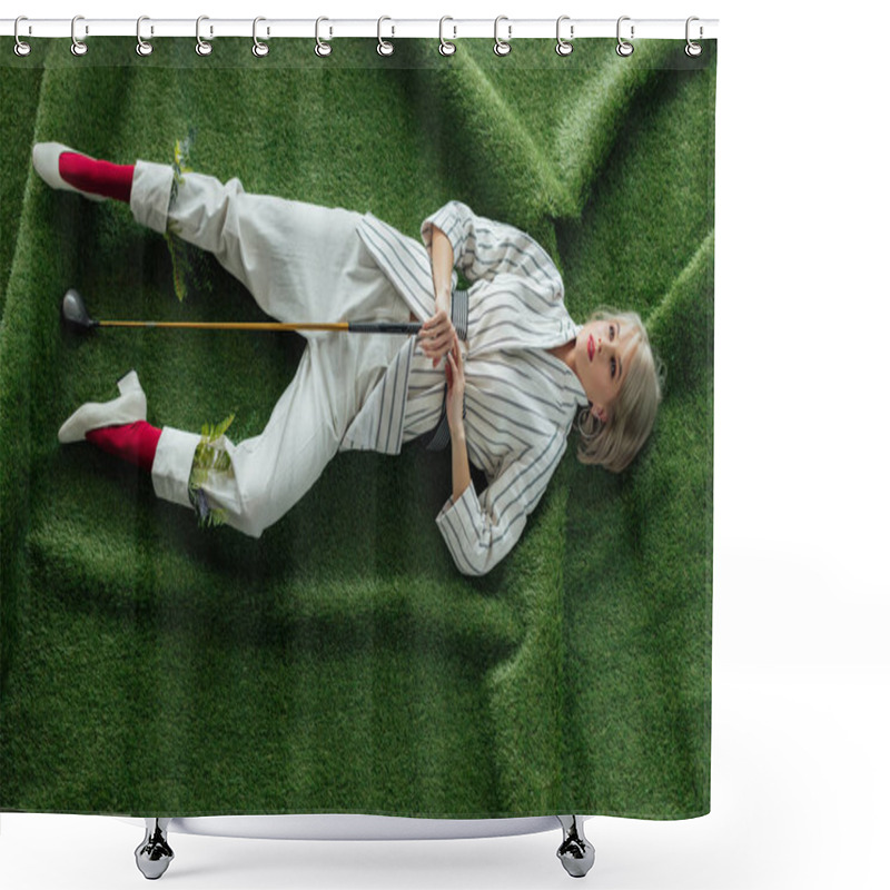 Personality  High Angle View Of Beautiful Stylish Girl Lying With Golf Club On Artificial Grass Shower Curtains