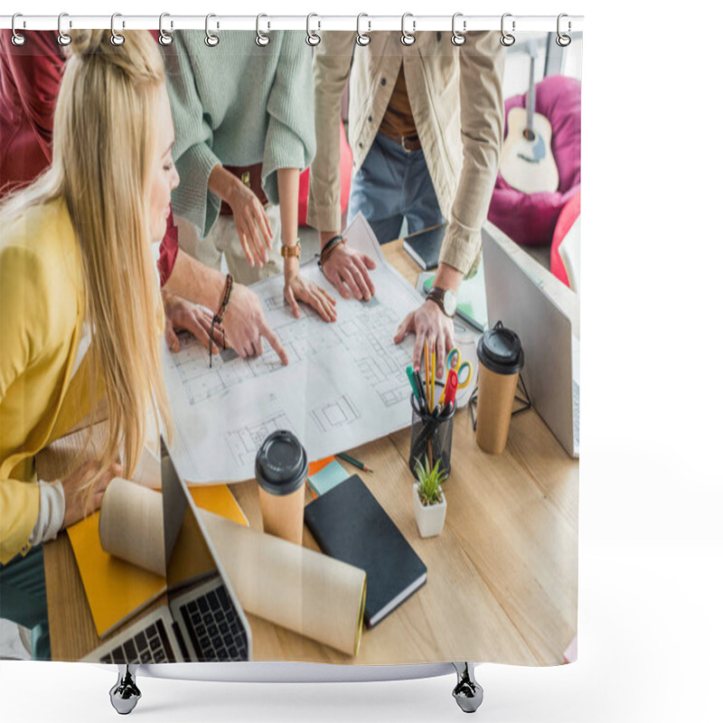 Personality  Group Of Female And Male Architects Working On Blueprint At Desk With Coffee To Go In Loft Office Shower Curtains