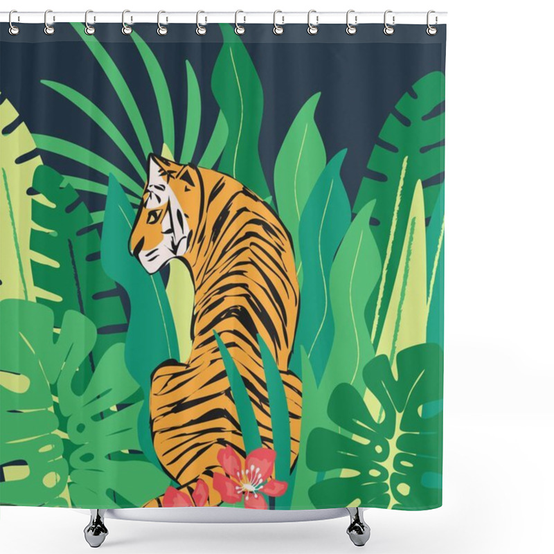 Personality  Hand Drawn Tiger With Exotic Tropical Leaves, Flat Vector Illustration Shower Curtains