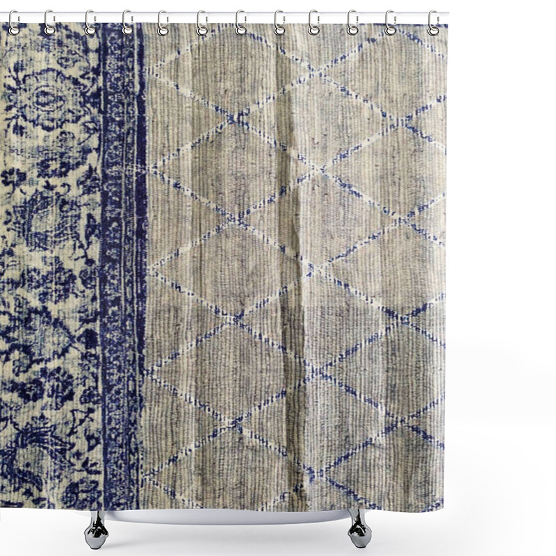 Personality  Carpet Features A Subtle Blend Of Faded Blue And Beige Tones With Intricate Floral And Geometric Mughal Patterns, Creating A Timeless, Elegant Appeal.  Shower Curtains