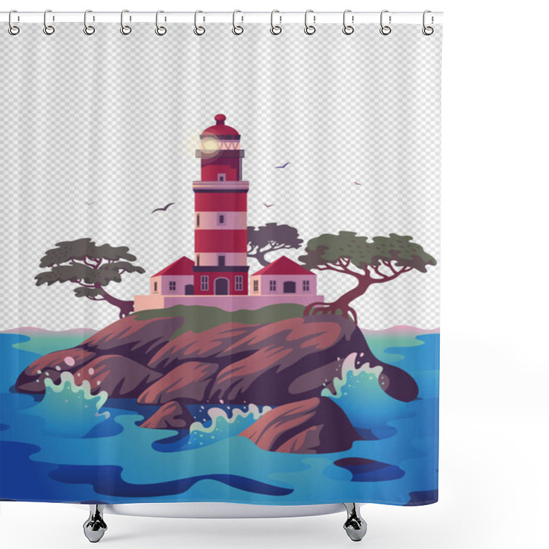 Personality  Lighthouse, Beautiful Beacon On The Cliff With Pines. Vector Illustration In Flat Cartoon Style.. Shower Curtains