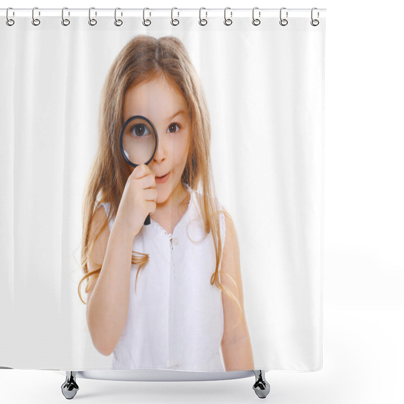 Personality  Portrait Of Funny Little Girl Looking Through A Magnifying Glass Shower Curtains