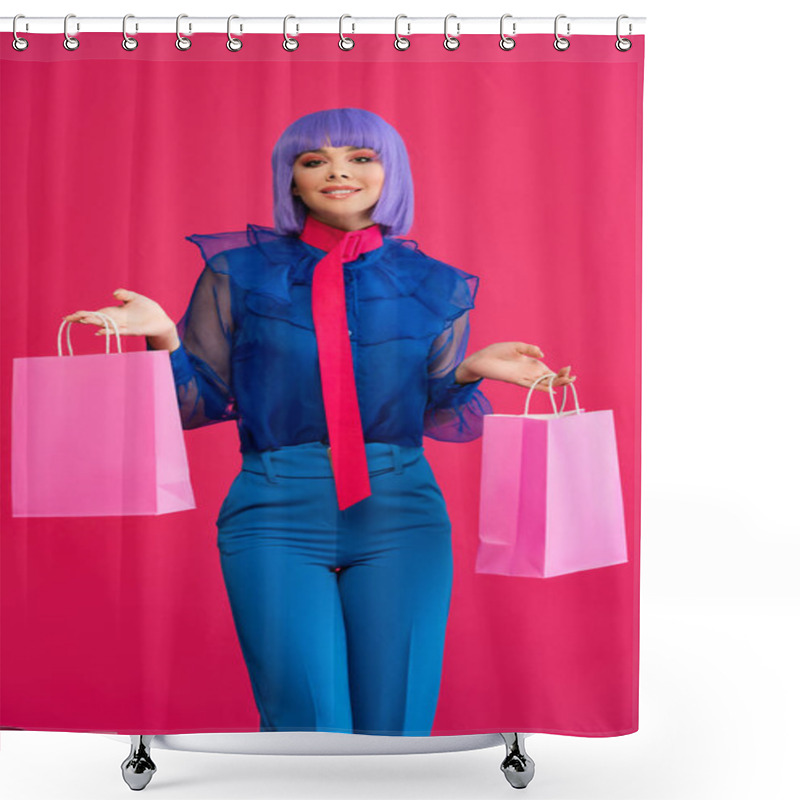 Personality  Beautiful Cheerful Girl In Purple Wig Holding Shopping Bags, Isolated On Pink Shower Curtains