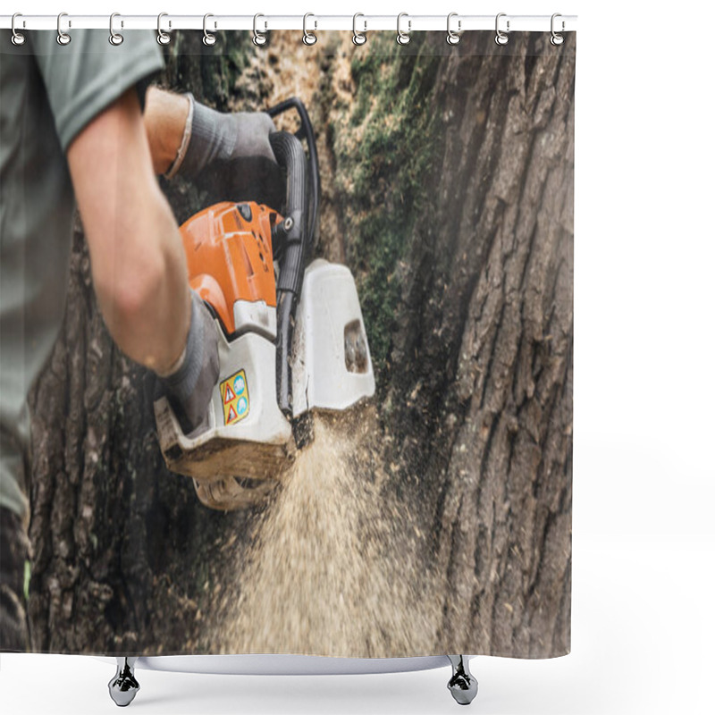 Personality  Arborist With Chainsaw Cutting  Tree Shower Curtains