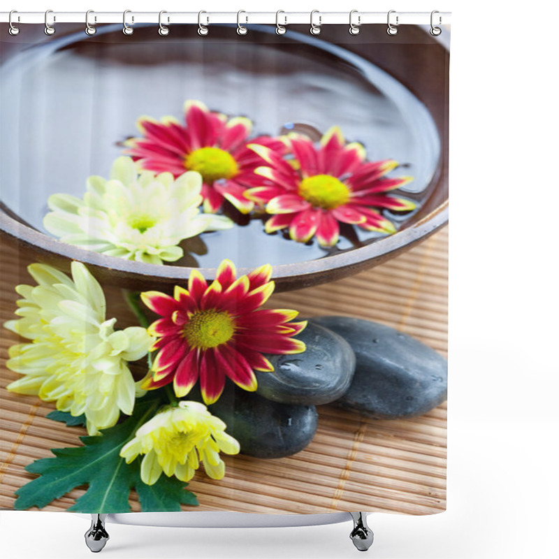 Personality  Spa Setting With Hot Stones With Chrysanthemum And Bowl Of Water. Shower Curtains