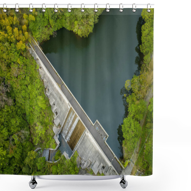 Personality  Water Flows Down Dam Spillway At Small Reservoir In Forest. High Quality Photo Shower Curtains