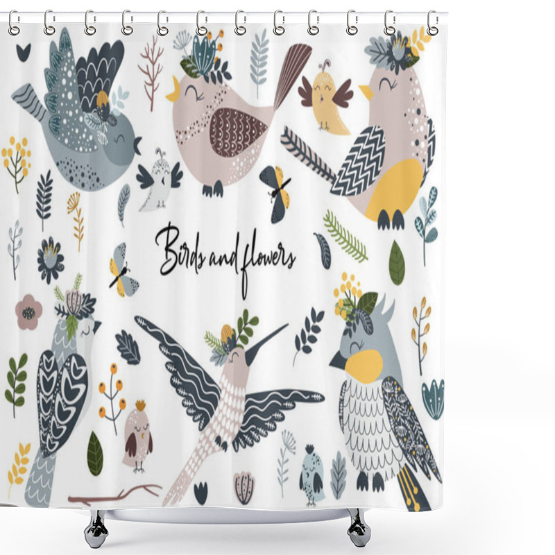 Personality  Set Of Isolated Birds And Flowers - Vector Illustration, Eps Shower Curtains