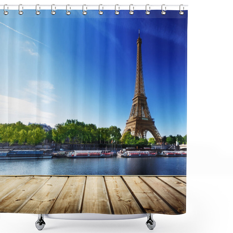 Personality  Background With Wooden Deck Table And Eiffel Tower In Paris Shower Curtains