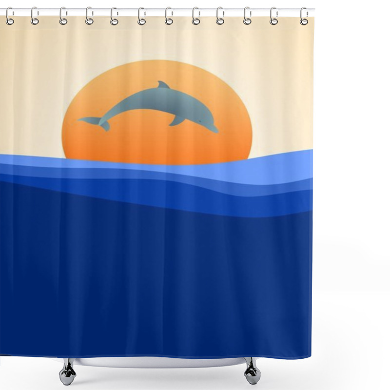 Personality  Summer Landscape With Blue Surface Of The Sea With The Waves With Orange Setting Sun And Dolphins Leaping Above Sea Level With An Orange Sky Shower Curtains